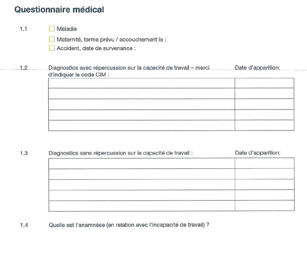 Questionnaire médical d'assurance scanné et vierge, avec des cases à cocher et des tableaux de diagnostics vides.
